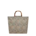 Elegante bolso tote de tela paisley con asa de bambú natural, gran capacidad para uso diario. - Caqui