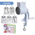 Manual rotary cheese grater with 5 interchangeable blades for kitchen vegetable shredding. - White 5-Piece Set