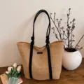 Stylish straw woven tote bag for women, large capacity beach shoulder bag with black rope handles. - Khaki