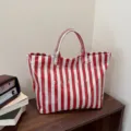 Red and white striped tote bag, large capacity stylish women handbag for daily use and travel. - Red