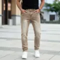 Herren Vintage gewaschene Khaki Straight Leg Jeans, lässige Slim Fit Stretch Hose neu. - S / Unterteile / Denim-Khaki