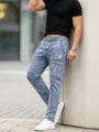 Herren hellblaue Slim Fit Cargo Jeans lässige Denim Hosen mit mehreren Taschen. - S / Hellblau Denim