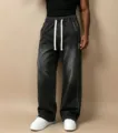 Herren Schwarze Gewaschene Lockere Gerade Jeans Hose mit Kordelzug Elastischem Bund - S / Unterteile / Denim Schwarz