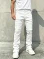 Herren Streetwear Destroyed Stacked Schlagjeans, modische Slim Fit Jeanshosen für Männer. - S / Denim - Weiß