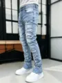 Herren Hellblau Distressed Patchwork Stacked Schlagjeans Slim Fit Denim Hosen - S / Blauer Denim