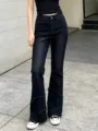 Schwarze High-Waist Schlagjeans für Damen, elastische Slim-Fit-Denim-Hose mit Fransen. - S(30) / Denim Schwarz