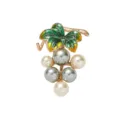 Enamel grape brooch close-up featuring green leaves and pearl fruit details on alloy pin. - Green