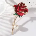 Exquisite red rose enamel brooch with pearl detail, elegant metal flower lapel pin accessory. - Red