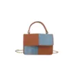 Trendy patchwork small square bag with denim and PU leather, stylish chain shoulder strap. - Brown and Blue