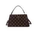 Sac à main femme en cuir marron avec logo V métallique et strass, élégant sac bandoulière chic. - Marron