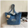 Casual τσάντα shopper από τζιν για γυναίκες, μεγάλη τσάντα ώμου με χαριτωμένο κέντημα. - Γαλάζιο με Γούρι