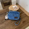 Τσάντα χιαστί από πλυμένο denim ιαπωνικού στιλ, casual μοντέρνα καθημερινή μικρή τετράγωνη τσάντα. - Με Κρεμαστό / Ανοιχτό μπλε