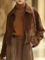 Women vintage suede lapel slim zip jacket autumn winter casual chic outerwear top brown - S / Top (26081933) / Dark Brown