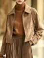 Close-up detail of the vintage faux suede lapel slim jacket, showcasing zipper and texture. - S / Top (26081933) / Khaki