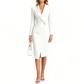 Detailed view of the elegant white lapel long sleeve blazer midi dress with single button. - S / White