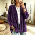 Femme Couleur Unie Velours Longues Manches Cardigan Ouvert Casual Elegant Veste Top - Violet
