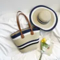 Modische gestreifte Stroh Umhängetasche große Kapazität lässige Strand Eimer Tasche Damen Reise - Taschen & Hüte / Dunkelblau