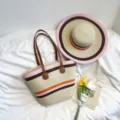 Stilvolle Stroh Umhängetasche und Sonnenhut Set für Damen Sommer Strand Reisen und den Alltag. - Taschen & Hüte / Rosa