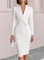 Elegant white long sleeve blazer dress featuring slim waist and pearl button details. - S / White