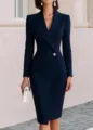 Elegant navy blue blazer midi dress detail showing the lapel collar and single button. - S / Navy Blue