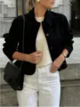 Women's black faux suede lapel jacket retro chic short outerwear for autumn winter daily wear - S / Black
