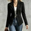 Black suede blazer slim fit long sleeve single button jacket detailed apparel shot. - S / Tops / Black