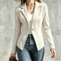 Women's vintage suede blazer lapel single button long sleeve slim fit jacket coat - S / Tops / White