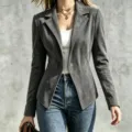 Grey suede blazer jacket with lapel and button for women winter casual wear detail. - S / Tops / Gray