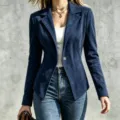 Close-up view of a stylish dark blue suede blazer jacket with lapel and single button design. - Navy Blue