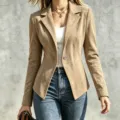 Retro women's suede slim fit lapel single button long sleeve jacket autumn top - Khaki