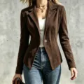 Close-up detail of a brown suede blazer featuring a classic lapel and single button design. - Coffee