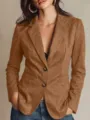 Close-up detail view of elegant brown suede single-breasted blazer jacket for women stylish. - S / Tops / Camel
