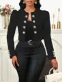 Blazer court noir pour femme, veste élégante à col rond et manches longues croisées. - S / Hauts / Noir