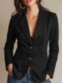 Black suede blazer detail showing single-breasted buttons, lapel collar, and soft texture. - S / Tops / Black