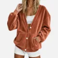 Dames Fluweel V-Hals Lange Mouw Oversized Cardigan Trui Casual Bovenkleding met Knoppen - Oranjerood