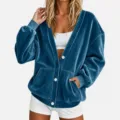 Blauwe fluwelen oversized V-hals vest jas met witte knopen voor dames herfst casual dagelijks - Teal