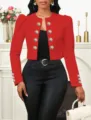 Cardigan court rouge élégant col rond à manches longues et boutons dorés pour femmes. - Rouge