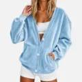 Vrouwen winter fluweel V-hals losse vest jas met witte knopen voor casual kleding. - Hemelsblauw