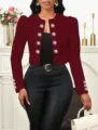 Blazer court pour femme uni col rond manches longues veste ouverte avec boutons métalliques. - Bordeaux