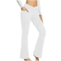 High waist crossover flare yoga pants for women with pockets white fitness workout trousers detail - S / Bottoms / White