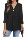 Stylish Women V-Neck Long Sleeve Black Blouse Lapel Button Casual Fashion Shirts - S / Tops / Black