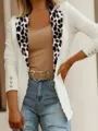Women leopard lapel slim fit casual blazer jacket detail view showing stylish design and buttons. - S / Tops / White