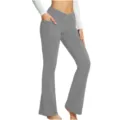High waist crossover flare yoga pants detail featuring convenient side pocket and slim fit design. - S / Bottoms / Gray