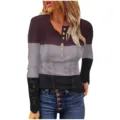 Femme colorblock manches longues henley haut côtelé boutons dentelle t-shirt bluse casual - S / Hauts / Rayé Gris Foncé