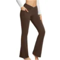 Details of high-waisted crossover flared yoga pants with convenient side pockets in brown color. - S / Bottoms / Coffee