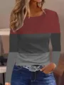 Stijlvolle Dames Color Block Langarm Top Casual Ronde Hals Patchwork Trui Sweatshirt - S / Tops / Rood Patchwork Grijs