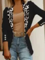 Elegant leopard print lapel slim black blazer jacket with button details view for women. - S / Tops / Black