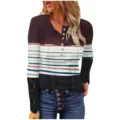 Mujer camiseta manga larga bloque de color acanalado encaje puño botón top casual chic - S / Tops / Rayas Multicolor