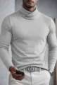 Close-up view of the men's grey crossover turtleneck long sleeve slim fit top detail. - S / Tops / High Neck / White