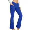 Women high waist crossover flare yoga pants solid color athletic workout trousers with pockets. - Blue